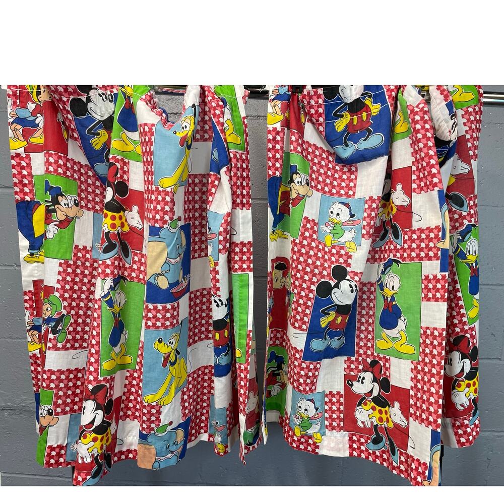 Vintage 1970s Disney Red Gingham Patchwork Curtains 2 Panels Character Linen